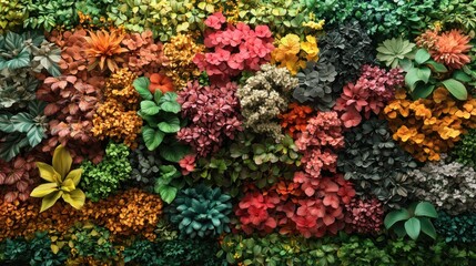 A vibrant wall of assorted artificial plants and flowers.