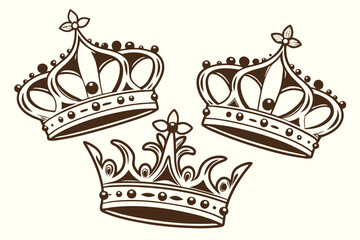 Multiple Gold crown icons set. flower shape top of the crown Illustration