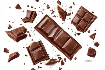 Realistic chocolate bar broken into pieces, isolated on white, sweets, realistic, rich