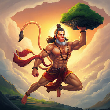 Lord Hanuman carrying the Sanjeevani mountain with strength and devotion, symbolizing his role as a devoted protector and healer