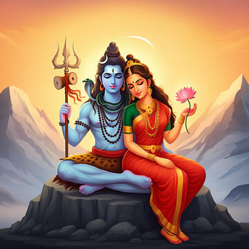 Lord Shiva and Goddess Parvati seated together in the mountains, symbolizing unity, love, and cosmic balance, with Parvati holding a lotus