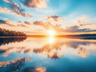A serene landscape showcasing a sunset over a calm lake, reflecting vibrant colors.