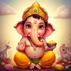 Fototapeta premium Young Lord Ganesha with a joyful expression, holding a modak, surrounded by nature, symbolizing innocence, joy, and blessings