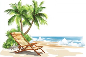 Illustration of a beach scene with a reclining chair, isolated on white, relaxation, illustration, tropical