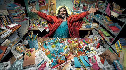 Fototapeta premium Jesus Christ red robe Creating Art Drafting Table Surrounded by Comics