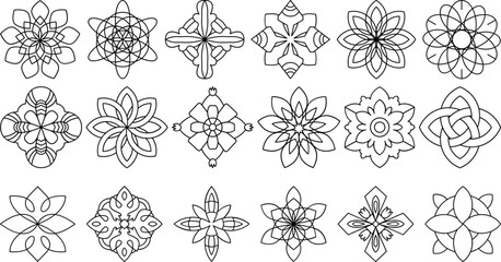 Collection of decorative floral mandala and geometric vector designs, ideal for backgrounds, ornaments, logos, coloring pages, meditation art
