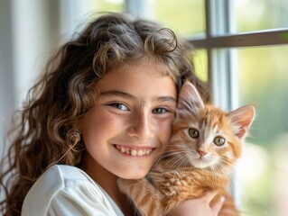 young girl with curly hair smiling and holding a cat
