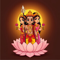 Lord Kartikeya in a divine form with multiple heads, holding a spear and surrounded by a glowing halo, symbolizing his omnipotence and protection