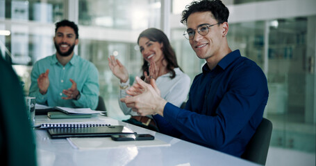 Business people, meeting and clapping for success in boardroom, event and conference for training....