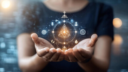 Person holding a glowing digital pyramid icon, representing blockchain, cryptocurrency, technology, and innovation.