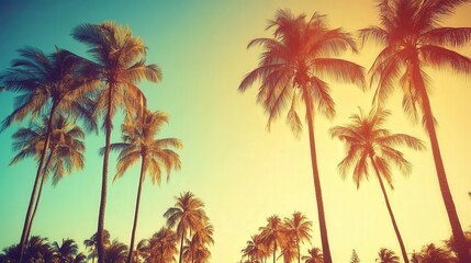 Tropical palm trees against a vibrant sunset sky