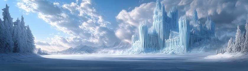 A stunning winter landscape featuring an icy castle and serene snow-covered scenery.