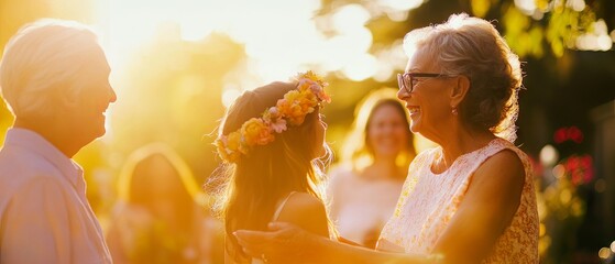 Heartwarming family gathering in golden sunset, featuring joyful moments between a bride, her grandmother, and loving relatives celebrating together.