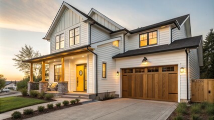 Beautiful Modern Home With White Siding and Wood Accents During Evening Twilight in a Serene Neighborhood. Generative AI