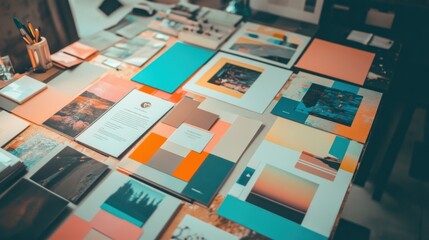 A table covered with various design elements for a branding project.