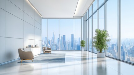 Fototapeta premium Sweeping panoramic view of a busy office environment, with employees working across various departments, modern decor and natural lighting