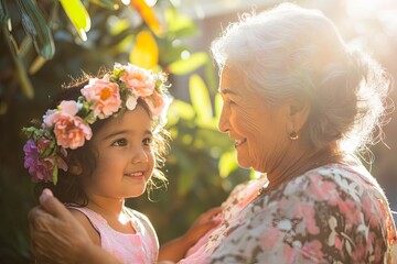 Fototapeta premium Joyful grandmother and granddaughter sharing a tender moment outdoors, bathed in sunlight with flowers, symbolizing love and family bonds.