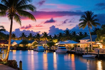 Obraz premium Magical Tropical Waterfront Village at Dusk Surrounded by Palm Trees and Stunning Sunset