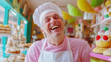 A Cheerful Baker Smiles Warmly While Showcasing Vibrant Pastries in a Colorful Bakery, Capturing the Joy of Baking and the Charm of a Lively Storefront