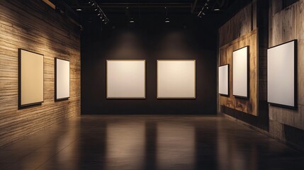 Art exhibition featuring blank canvas prints modern gallery visual art dark interior wide angle minimalism