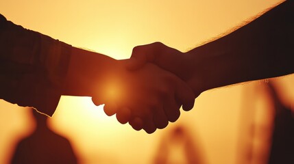 Two Hands Shake Against a Vibrant Sunset, Symbolizing Unity and Agreement During a Moment of Connection Outdoors in the Warm Glow of Dusk