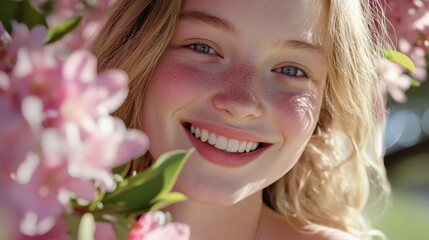 Obraz premium A Young Girl Smiles Brightly Amid Blooming Pink Flowers in a Serene Park Environment on a Sunny Day, Capturing a Moment of Joy and Natural Beauty