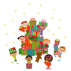 クリスマスプレゼントボックスを積み上げている子供達