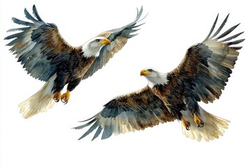 Obraz premium Two majestic eagles in flight, showcasing their powerful wings and detailed plumage.