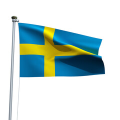 Sweden flag on a pole waving isolated on white background
