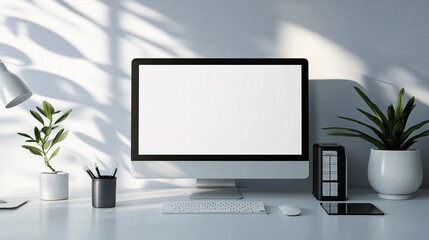 Minimalist workspace setup modern office image bright environment front view clean aesthetic