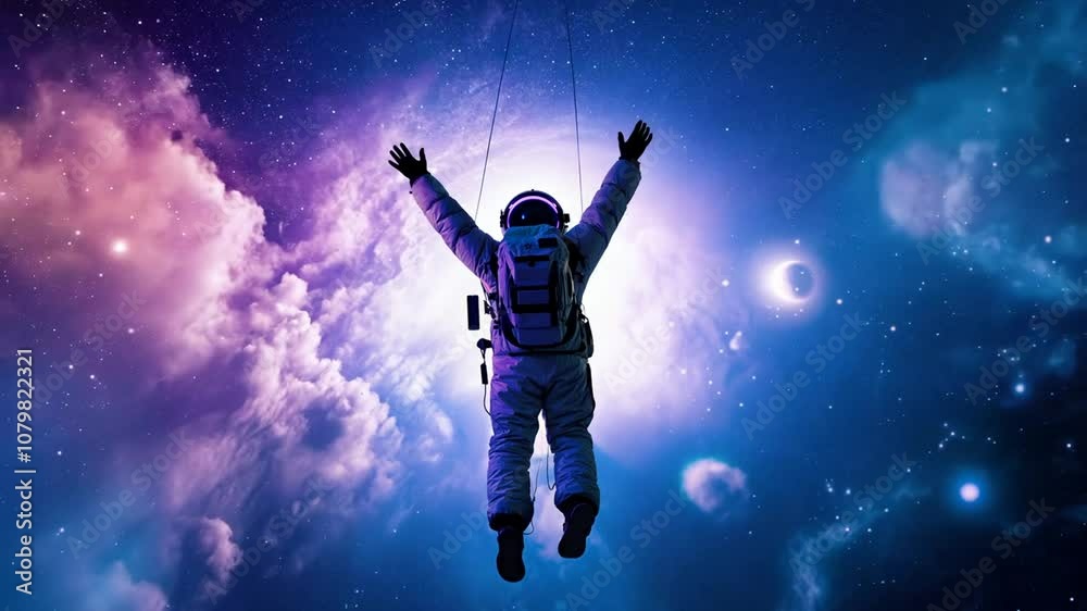 Poster astronaut joyfully leaps from spaceship into the vastness of space generative ai