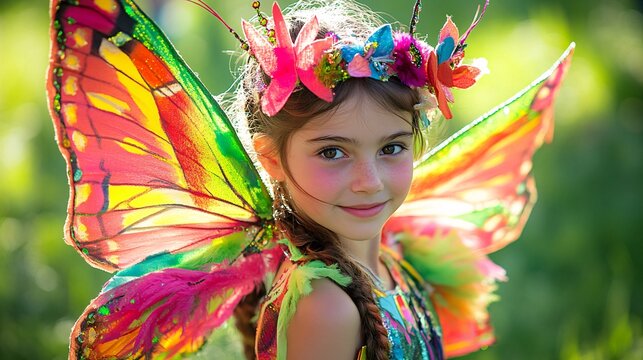 Young girl in butterfly costume garden portrait vibrant nature close-up whimsical fantasy