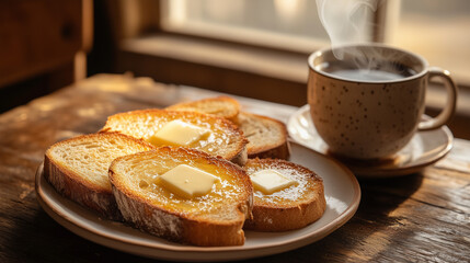 Sunlit morning by the window with a steaming coffee and buttery toast, capturing a cozy start to the day