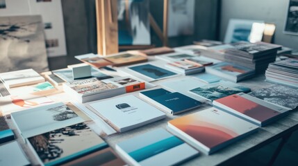 A table with a large variety of books, magazines, and other printed materials, arranged in a clean and organized way.