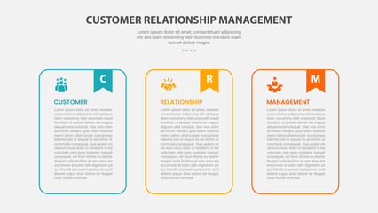 CRM customer relationship management infographic outline style with 3 point template with round container table with bookmark header for slide presentation