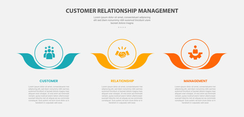 CRM customer relationship management infographic outline style with 3 point template with big circle and flower leaf accessories at bottom for slide presentation