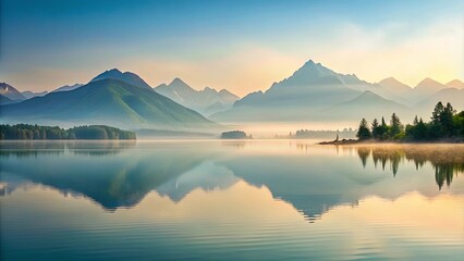 Serene Mountain Reflections in a Misty Morning Landscape