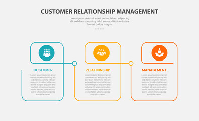 CRM customer relationship management infographic outline style with 3 point template with creative linked table with circle header for slide presentation