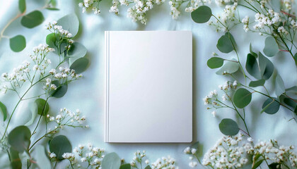 White blank notebook surrounded by delicate flowers and eucalyptus leaves, with soft diffused daylight creating a calm atmosphere. Suitable for invitation, greetings card, or menu mockup.