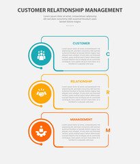 CRM customer relationship management infographic outline style with 3 point template with creative box with circle edge on vertical stack layout for slide presentation