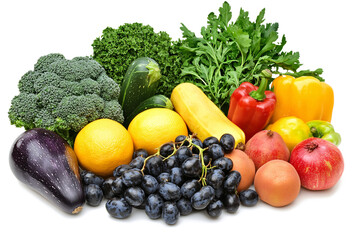 Illustration of a vibrant assortment of fresh fruits and vegetables on a white background, ideal for promoting health. © ckybe