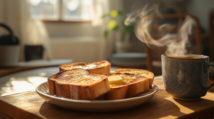 Sunlit morning by the window with a steaming coffee and buttery toast, capturing a cozy start to the day