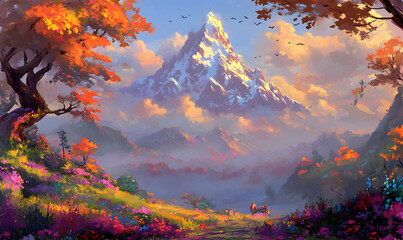 A colorful landscape painting with a large snow-capped mountain in the background.