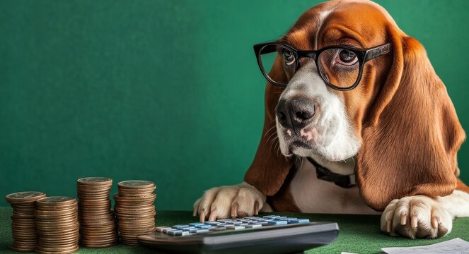 A basset wearing glasses is sitting at a table, with a calculator and stacks of coins on it.