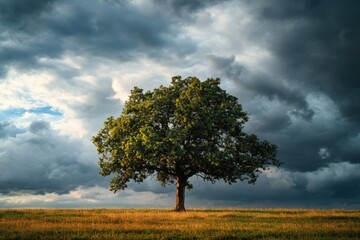 Obraz premium A lone tree stands tall in a field against a stormy sky.