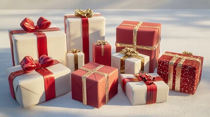 Obraz premium A collection of red and white gift-wrapped presents with festive ribbons.