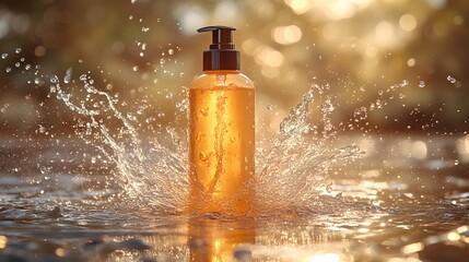 Golden Liquid Soap Bottle Splashing in Water with Sunlight Background, Ideal for Personal Care, Beauty Products, or Nature Inspired Advertisements