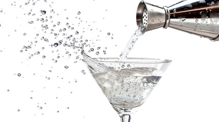Martini cocktail poured from shaker into glass transparent background






