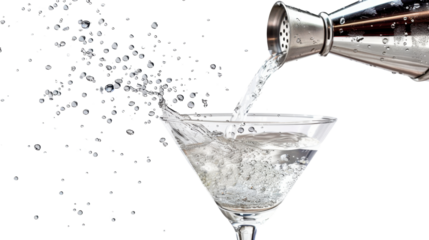 Martini cocktail poured from shaker into glass transparent background






