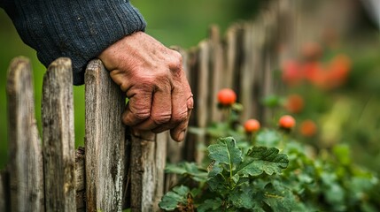 A weathered hand resting on a wooden fence post.